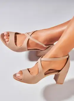 Sandale dama cu Toc Bej din Piele Ecologica Intoarsa Kaybrie