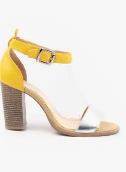 Sandale damă cu toc din piele naturală - 512 Galben Argintiu Box