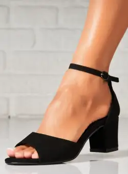 Sandale dama cu Toc Negre din Piele Ecologica Intoarsa Charabe