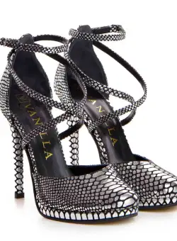 Sandale Mali cu toc subtire, imprimeu sarpe, argintii