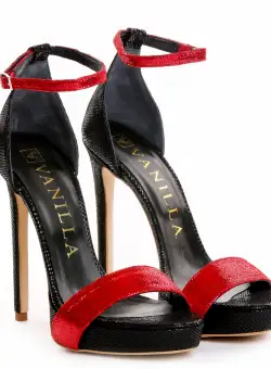 Sandale Mozambic cu toc subtire, piele naturala, rosii si negre