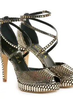 Sandale Obsesium cu toc mic subtire, imprimeu sarpe, aurii
