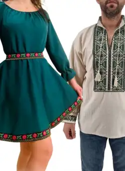 Set Cuplu 434 Camasa Traditionala si Rochie Stilizata cu motive traditionale