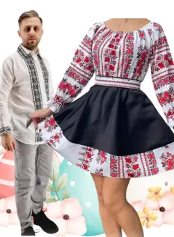 Set Cuplu 471 Camasa Traditionala si Rochie Stilizata cu motive traditionale