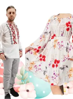 Set Cuplu 493 Camasa Traditionala si Rochie Stilizata cu motive traditionale