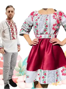 Set Cuplu 497 Camasa Traditionala si Rochie Stilizata cu motive traditionale
