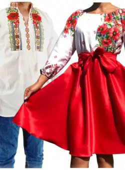 Set Cuplu 569 Camasa Traditionala si Rochie Stilizata cu motive traditionale