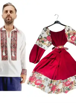 Set Cuplu 583 Camasa Traditionala si Rochie Stilizata cu motive traditionale