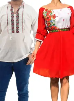 Set Cuplu Traditional 171 Camasa Traditionala si Rochie cu motive traditionale