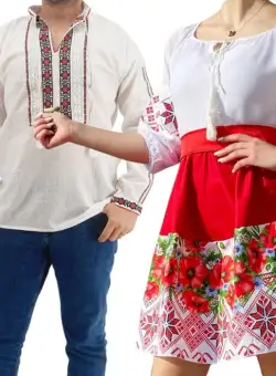 Set Cuplu Traditional 174 Camasa Traditionala si Rochie cu motive traditionale