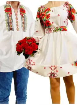 Set Cuplu Traditional 258 Camasa Traditionala si Rochie cu motive traditionale