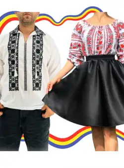 Set Cuplu Traditional 326 Camasa Traditionala si Rochie cu motive traditionale