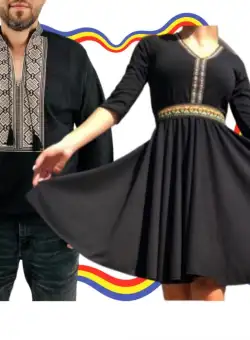 Set Cuplu Traditional 333 Camasa Traditionala si Rochie cu motive traditionale