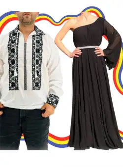 Set Cuplu Traditional 352 Camasa Traditionala si Rochie cu motive traditionale