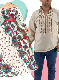 Set Cuplu Traditional 429 Camasa Traditionala si Rochie cu motive traditionale