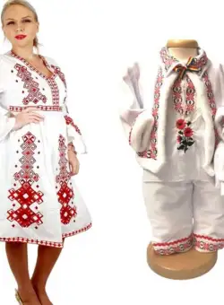 Set traditional Mama , Fiu , rosu Rochie traditionala si costumas