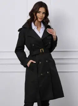Trench Bella negru cu cordon in talie