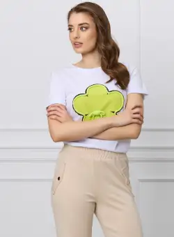 Tricou alb cu floare verde neon