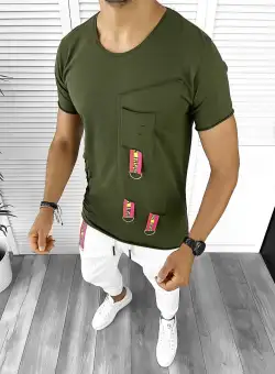 Tricou barbati slim fit asimetric kaki ZR A9128 K3-5