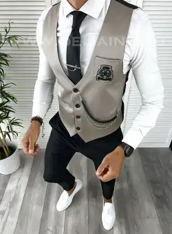 Vesta barbati eleganta slim fit bej V51 141-2 E