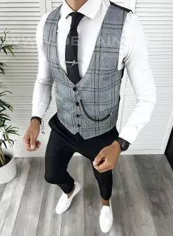 Vesta barbati eleganta slim fit in carouri V68 E