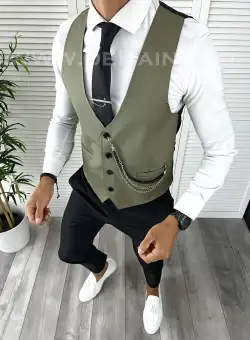 Vesta barbati eleganta slim fit kaki V8 E 142-3/M4-4.1