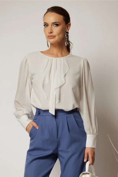 Bluza alba din voal cu sclipici si funda cu volanas la decolteu