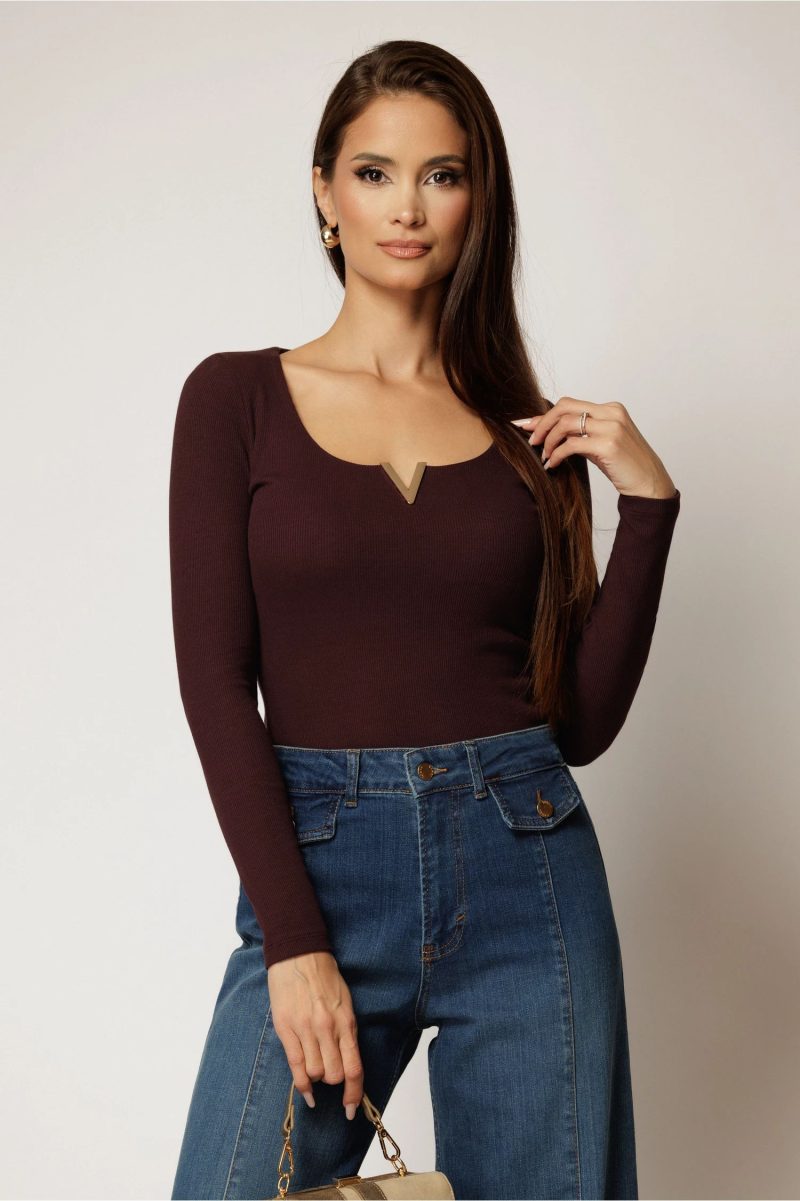 Bluza din bumbac mov pruna cu maneci lungi croi mulat si V metalic la decolteu