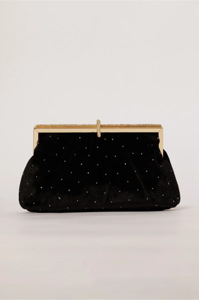 Clutch plic negru catifelat decorat cu pietre stralucitoare