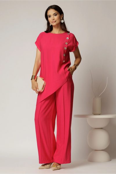 Compleu fucsia din viscoza din bluza asimetrica si pantalon lejer