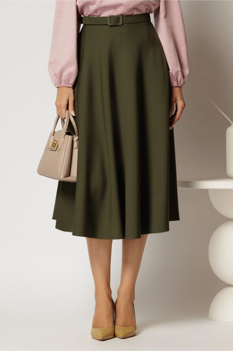 Fusta DY Fashion midi clos kaki si curea in talie