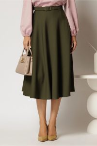 Fusta DY Fashion midi clos kaki si curea in talie
