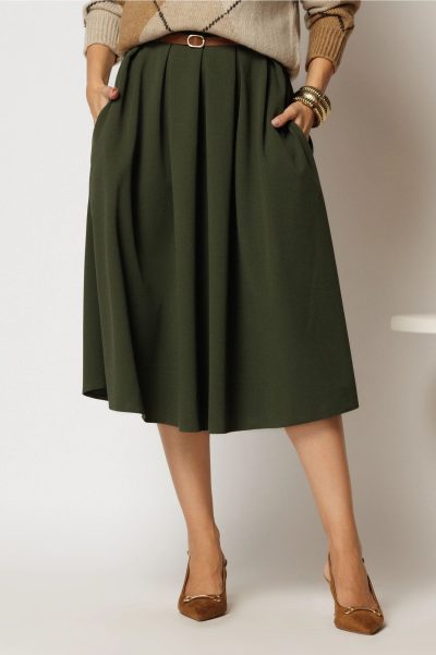 Fusta DY Fashion midi kaki din crep cu pliuri si curea in talie