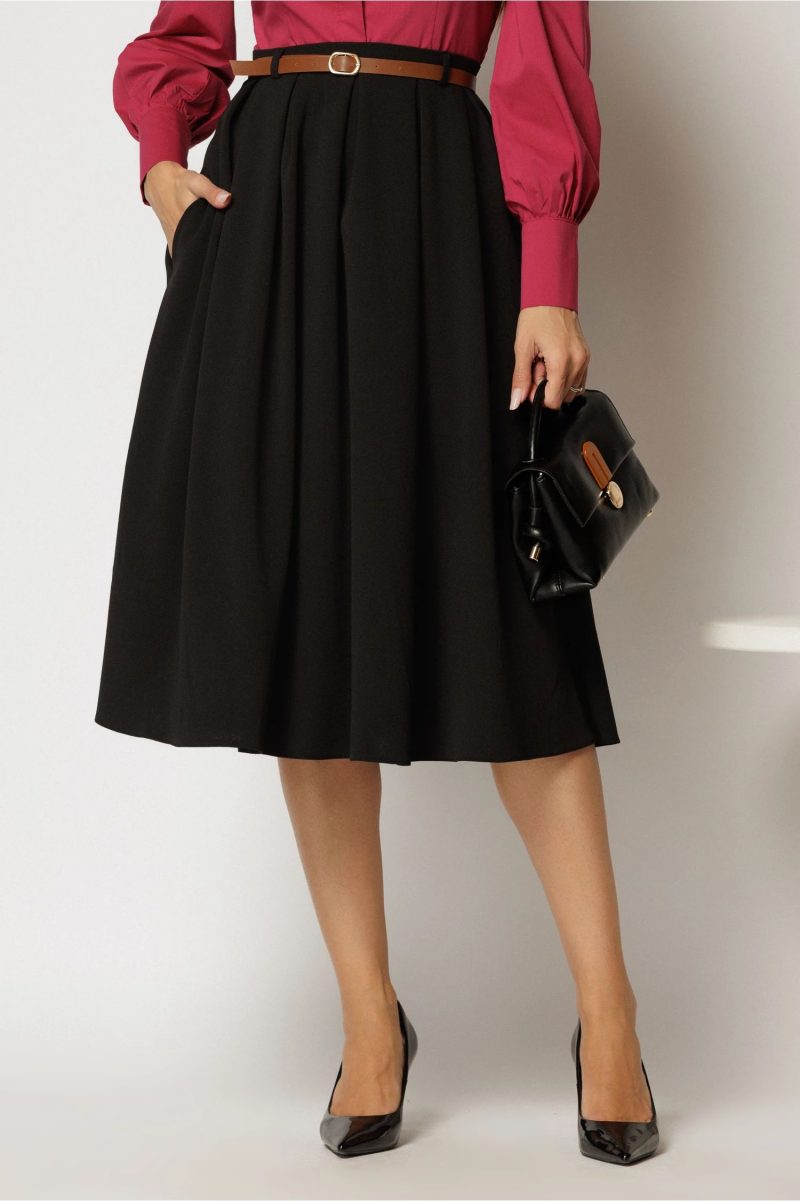 Fusta DY Fashion midi neagra din crep cu pliuri si curea in talie