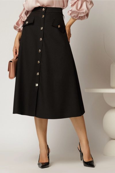 Fusta DY Fashion neagra midi clos cu nasturi si capace