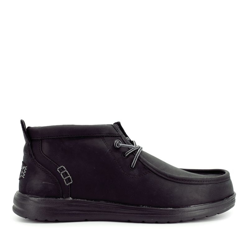 Ghete cu siret tip mocasini bărbați Hey Dude Wally Mid GripR Leather negre 3092BG45161N