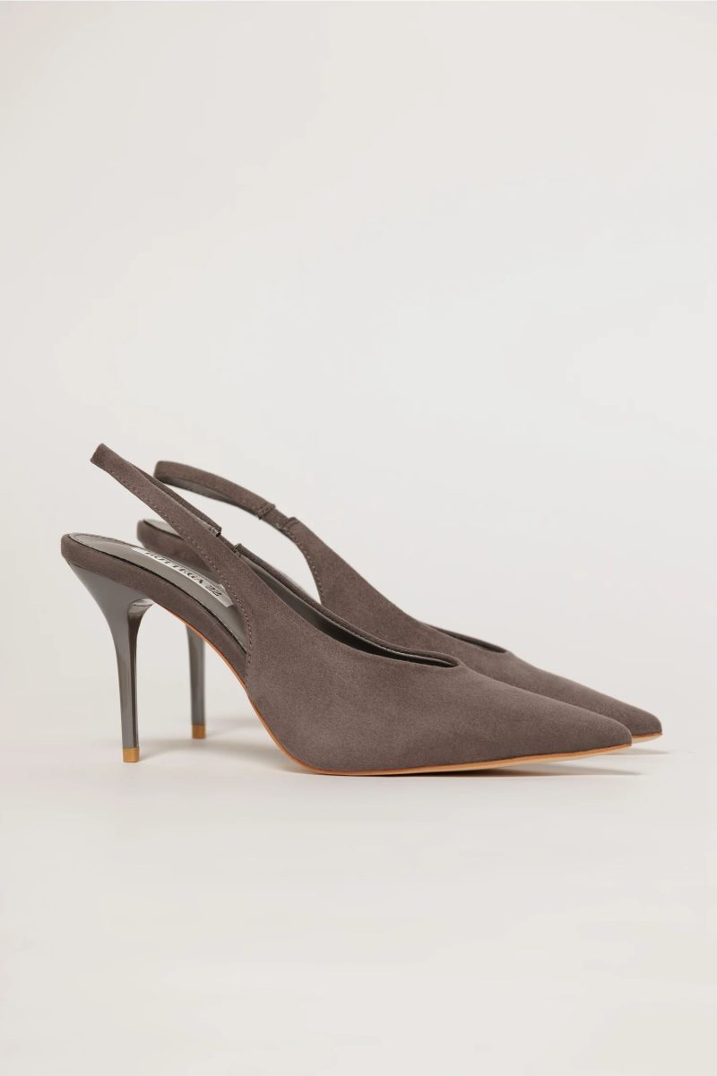 Pantofi gri eleganti din piele intoarsa ecologica si toc stiletto