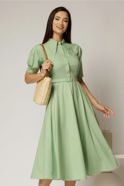 Rochie DY Fashion din poplin verde fistic cu guler dublu si nasture la guler
