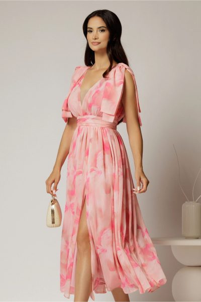 Rochie DY Fashion din voal creponat cu imprimeuri roz si funde ample pe umeri