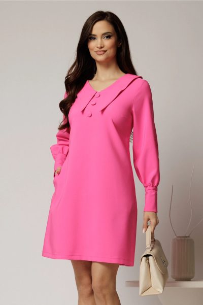 Rochie DY Fashion fucsia scurta cu croi cambrat si guler in colturi