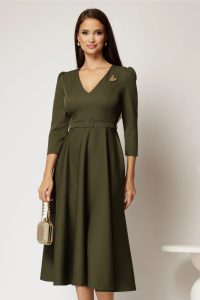 Rochie DY Fashion kaki clos cu decolteu V si curea in talie