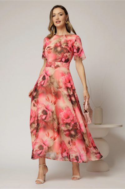 Rochie DY Fashion lunga cu imprimeu rosu zmeura din voal creponat cu rijelina