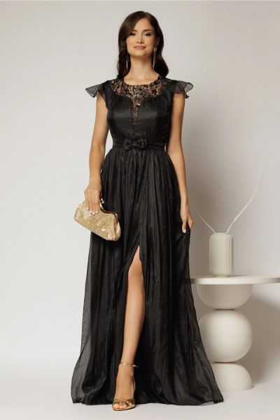 Rochie DY Fashion lunga neagra de seara din voal creponat si funda in talie