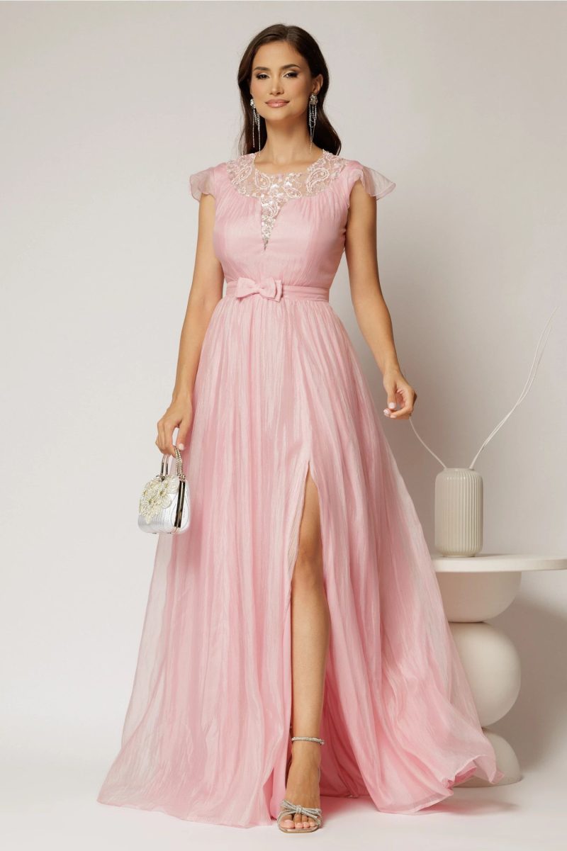 Rochie DY Fashion lunga roz de seara din voal creponat si funda in talie