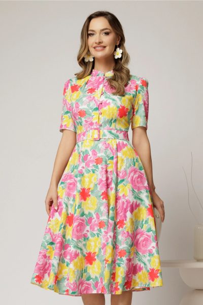 Rochie DY Fashion midi cu imprimeu roz si galben in clos din triplu voal cu nasturi la bust si curea in talie