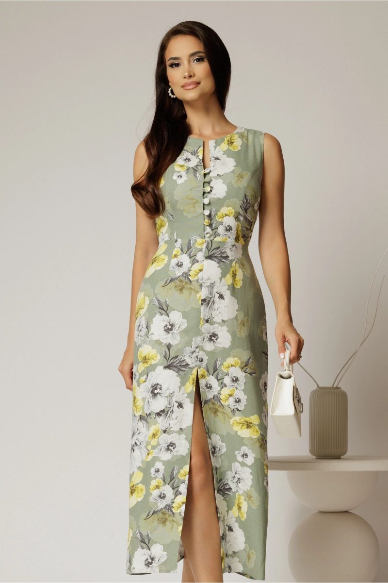 Rochie DY Fashion midi kaki cu imprimeuri din in cu nasturi pe bust fara maneci