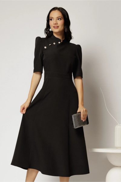 Rochie DY Fashion midi neagra cu guler tunica si aplicatii la decolteu