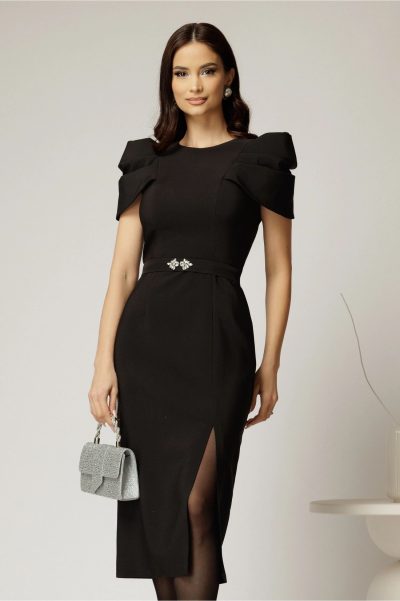 Rochie DY Fashion midi neagra de ocazie cu umeri bufanti si cordon detasabil