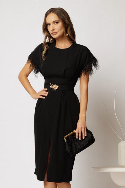 Rochie DY Fashion midi neagra din triplu voal cu pene la maneci
