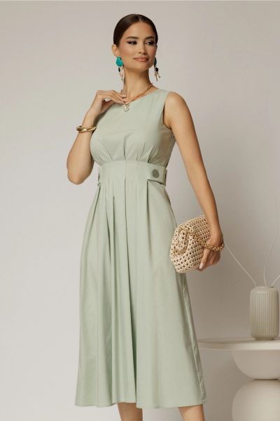 Rochie DY Fashion midi verde fistic din bumbac cu nasturi si cusaturi pe talie